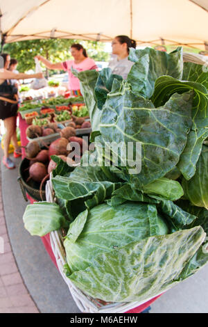 Ortaggi freschi sono venduti a un fornitore a tavola il settimanale Suwanee Mercato degli Agricoltori il 5 agosto 2017 in Suwanee GA. Foto Stock