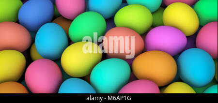 Uova pasquali dipinte in molti diversi colori 3D illustrazione sfondo banner. Foto Stock