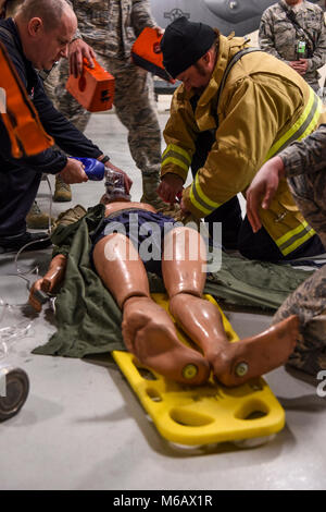 I vigili del fuoco con il 193rd particolari operazioni di ingegneria civile Squadron, Pennsylvania Air National Guard, eseguire le cure mediche per la simulazione di una vittima durante un spazi confinati esercitazione di soccorso, Feb 24, 2018 presso il 193rd Special Operations Wing cella a combustibile in Middletown, Pennsylvania. L'esercizio è stata condotta per valutare la capacità di risposta di entrambi i sistemi di alimentazione carburante avieri e vigili del fuoco dalla 193rd particolari operazioni di ingegneria civile squadrone nel caso che un aviatori devono essere liberati da uno spazio confinato. (U.S. Air National Guard Foto Stock