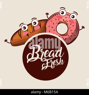 Kawaii pane fresco donut croissant cartoon etichetta alimentare Illustrazione Vettoriale