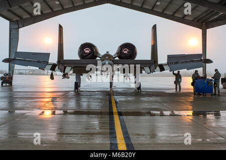 Avieri dall'ala 127Selfridge Air National Guard Base, Michigan carico munizioni sul centesimo anniversario A-10 Thunderbolt II presto affinché in una nebbiosa mattina 23 febbraio 2018. Foto Stock