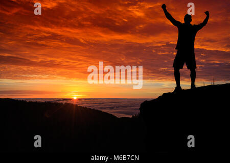 Silhouette uomo sulla cima della montagna a guardare il tramonto sopra le nuvole e la foresta Foto Stock