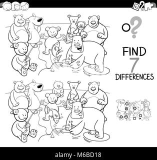 Bianco e Nero Cartoon illustrazione di trovare 7 differenze tra le immagini delle attività educative gioco per bambini con porta caratteri animale Gro Illustrazione Vettoriale