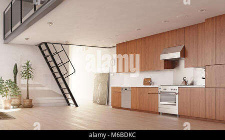 Moderna cucina loft interni. 3D rendering concetto. Foto Stock