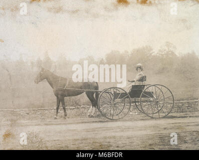 Antique c1900 fotografia, donna a cavallo il carrello di guida. Posizione sconosciuta, probabilmente la Nuova Inghilterra, Stati Uniti d'America. Foto Stock