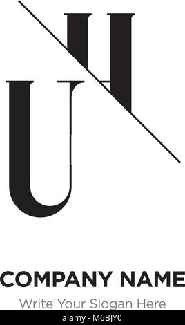 Lettera astratta uh,HU logo design template, Black&White alfabeto lettere iniziali nome azienda concept. Piatte sottili segmenti di linea collegati gli uni agli altri Illustrazione Vettoriale