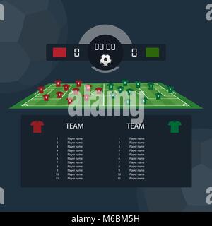 Partita di calcio scoreboard design piatto tra due squadre di esempio. Illustrazione Vettoriale Illustrazione Vettoriale