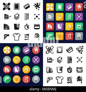 La stampa Serigrafica tutti in una delle icone in Bianco e Nero Color Design piatto Set di Freehand Illustrazione Vettoriale