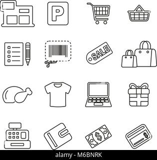 Shopping Mall o al supermercato icone linea sottile illustrazione vettoriale impostato Illustrazione Vettoriale