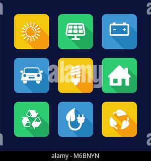 Energia solare icone Design piatto Illustrazione Vettoriale
