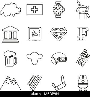 La Svizzera Paese & Cultura icone linea sottile illustrazione vettoriale impostato Illustrazione Vettoriale