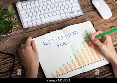Vista in elevazione di una mano umana disegno piano di pensionamento il concetto di crescita su Notebook Foto Stock