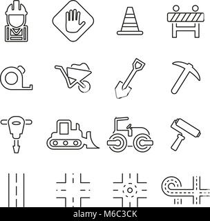 La costruzione di strade icone linea sottile illustrazione vettoriale impostato Illustrazione Vettoriale
