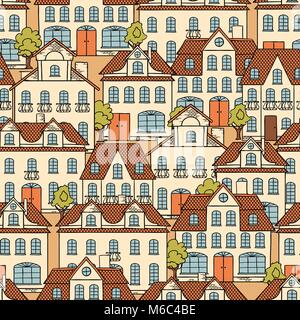 Vettore di Seamless pattern con case e alberi Illustrazione Vettoriale