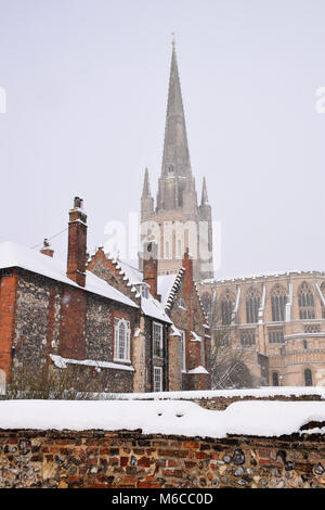 Neve, Norwich Cathedral, Feb 2018 REGNO UNITO Foto Stock