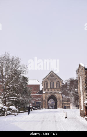 Neve, Cattedrale vicino, Norwich Feb 2018 REGNO UNITO Foto Stock