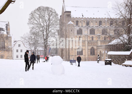 Neve, Cattedrale vicino, Norwich Feb 2018 REGNO UNITO Foto Stock