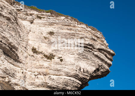 Corsica: dettagli del mozzafiato bianche scogliere calcaree di Bonifacio in International Bouches de Bonifacio parco marino, riserva naturale Foto Stock