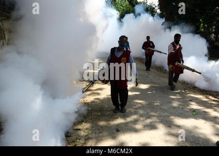 Un dipendente di Dhaka città del nord Corporation spray insetticida per uccidere le zanzare all università di Dhaka area. Dhaka 2018. Foto Stock