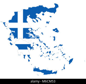 Bandiera nel contorno della Grecia. Bandiera della Repubblica ellenica in colori blu e bianco con una croce bianca. Banner con la forma di Hellas. Isolato. Foto Stock