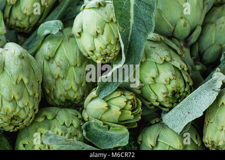 Cumulo di Ripe Organic appena raccolto i carciofi con foglie verdi al mercato degli agricoltori. Brillanti colori vibranti. Vitamine Superfoods Mediterraneo sano D Foto Stock