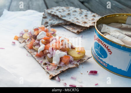 Classic sandwich di pane duro, fermentato, aringhe e verdure. Foto Stock