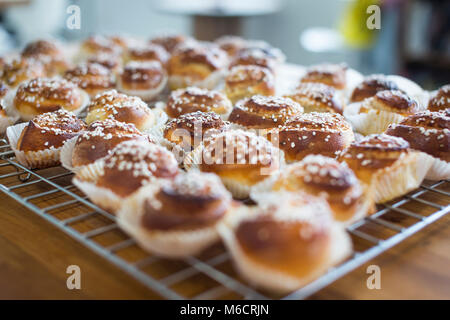 Partite di carni fresche ciambelle alla cannella stretto fuori dal forno. Foto Stock