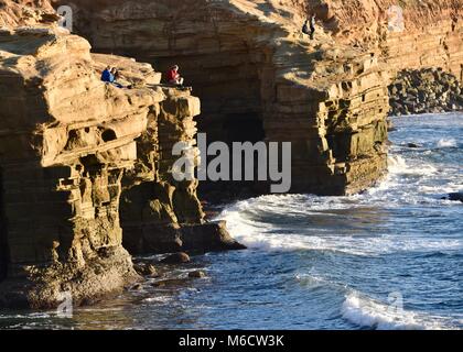 Gente radunarsi lungo scogliere ripide per guardare il tramonto d'oro e di ascoltare le onde del mare sottostante, Sunset Cliffs, San Diego, California, USA. Foto Stock