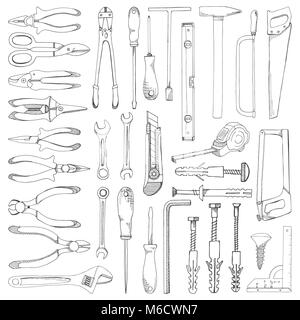 Set di strumenti, hardware. Dispositivo di fissaggio differenti isolati su sfondo bianco. Disegnata a mano illustrazione vettoriale di un disegno stile. Illustrazione Vettoriale