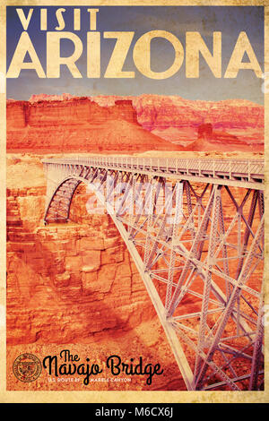 In stile vintage travel poster pubblicitario del Navajo bridge spanning Marble Canyon in Northern Arizona (vicino a pagina) Foto Stock