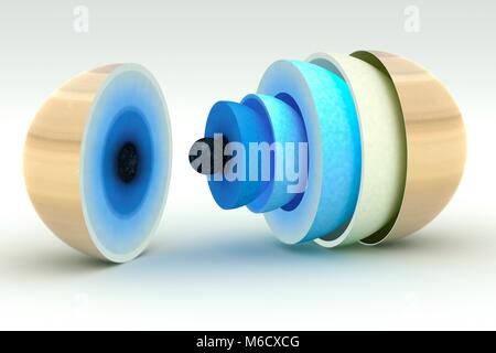Diagramma che mostra la parte interna teorica del gas gigante pianeta Saturno al centro vi è probabilmente una rocciosa e nucleo ghiacciato a diverse volte la massa della terra. Questa è circondata da un ampio mantello interno, circa la metà del pianeta raggio totale del liquido di idrogeno metallico sotto grande pressione. Sulla sommità di questo è una shell di elio 'rain', sormontato da uno spesso mantello esterno di elio liquido saturo di idrogeno molecolare. Questo dà il via ad un guscio spesso di gas idrogeno, e eventualmente di un esteso idrogeno-atmosfera di elio. Foto Stock