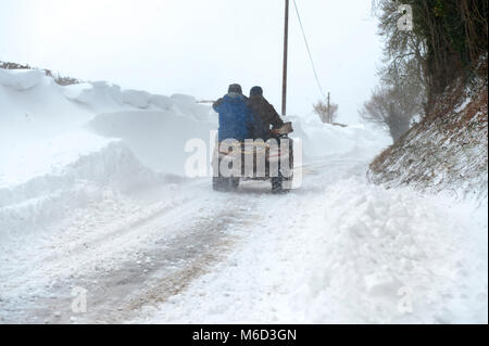 Herefordshire, Regno Unito. Il 2 marzo 2018. Le strade intorno al villaggio di Little Cowarne vicino a Monsummano Terme in Herefordshire sono bloccati con neve dalla tempesta Emma, con alcune derive di raggiungere 6ft. Nella foto sono gli abitanti di un villaggio cercando di aggirare il villaggio sulla moto quad per controllare che i vicini sono OK. I trattori non può fare attraverso la neve derive e tutto il villaggio è tagliata fuori dalle strade principali. Foto Stock