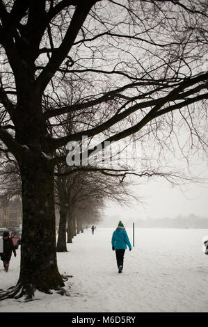 Cardiff, Regno Unito. 02Mar, 2018. Walker braves la neve e condizioni sottozero a Cardiff Regno Unito 2 marzo 2018 Credit: Shaun Jones/Alamy Live News Foto Stock