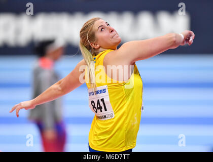 Birmingham, Regno Unito. 2 Marzo, 2018. Fanny Roos (SWE) Donna colpo messo durante la finale IAAF Campionati mondiali Indoor a Arena Birmingham su Venerdì, 02 marzo 2018. BIRMINGHAM INGHILTERRA. Credito: Taka G Wu Credito: Taka Wu/Alamy Live News Foto Stock