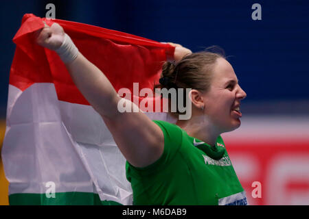 Birmingham. 2 Mar, 2018. Anita Marton di Ungheria festeggia dopo la vittoria delle donne colpo messo final durante la IAAF Campionati mondiali Indoor Arena a Birmingham in Birmingham, Gran Bretagna il 2 marzo 2018. Credito: Tim Irlanda/Xinhua/Alamy Live News Foto Stock