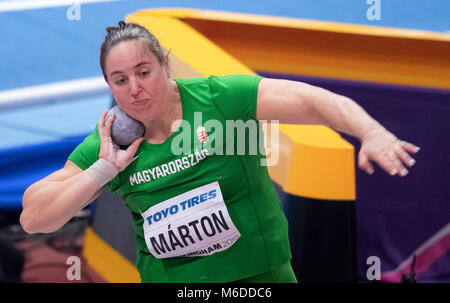 02 marzo 2018, Gran Bretagna, Birmingham: IAAF Campionati mondiali Indoor di Atletica Leggera, donne, colpo messo: Anita Marton di Ungheria in azione. Marton ha vinto l'oro. Foto: Sven Hoppe/dpa Foto Stock