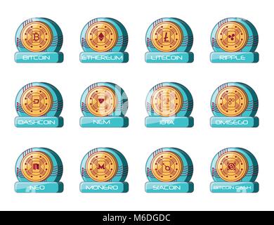 Icona set di monete di diversi tipi di cryptocurrency su sfondo bianco, design colorato illustrazione vettoriale Illustrazione Vettoriale