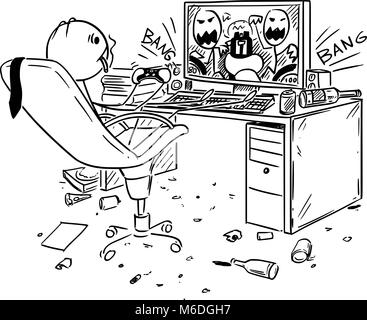 Cartoon di imprenditore bere, fumare e giocare a giochi per computer sul posto di lavoro Illustrazione Vettoriale