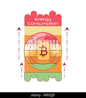 Consumo energetico design con simbolo bitcoin e frecce su sfondo bianco, design colorato illustrazione vettoriale Illustrazione Vettoriale