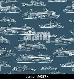 Seamless mare disegnata a mano con pattern di navi Illustrazione Vettoriale