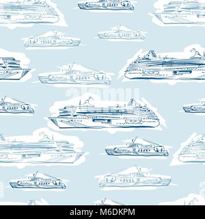 Seamless mare disegnata a mano con pattern di navi Illustrazione Vettoriale