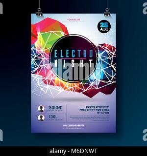 Notte dance party poster con design moderno astratto forme geometriche su sfondo lucido. Stile Electro discoteca modello per abstract evento musicale flyer invito o banner promozionali. Illustrazione Vettoriale