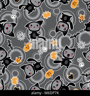 Kawaii sfondo di Halloween-oggetti correlati e le creature Illustrazione Vettoriale