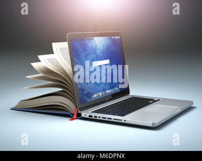Libreria Online o l'E-learning concetto. Aprire il portatile e prenota la compilazione. 3d illustrazione Foto Stock