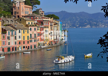 Barche ormeggiate nel piccolo porto di Portofino Liguria Italia Foto Stock