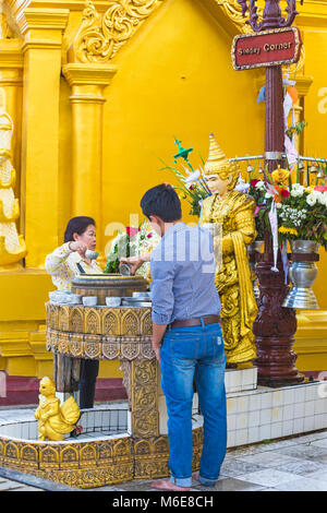 I visitatori di irrigazione statua di Buddha a Shwedagon pagoda Yangon, Myanmar (Birmania), l'Asia in febbraio Foto Stock