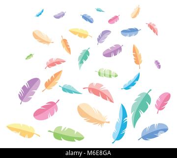 Piume di diverse forme a cadere il vettore insieme in un appartamento di stile. Icone piume isolato su uno sfondo bianco. Raccolta di sagome di piume colorate Illustrazione Vettoriale