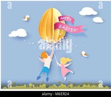Felice Pasqua card con bambini, fiori e uova Illustrazione Vettoriale