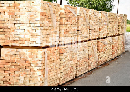 Diversi pallet con mattoni di cemento sovrapposti in magazzino. Foto Stock