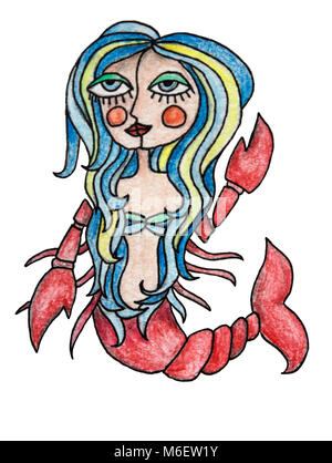 Acquerello pensil illustrazione del segno zodiacale. Il cancro ragazza con i capelli colorati. Isolato su sfondo bianco. Foto Stock